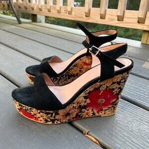 Floral print cork wedge sandals, black open toe strappy, Anthropologie size 7